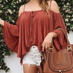 Anna Grace Rusty Rose Cold-Shoulder Tie-Front Crop Top
